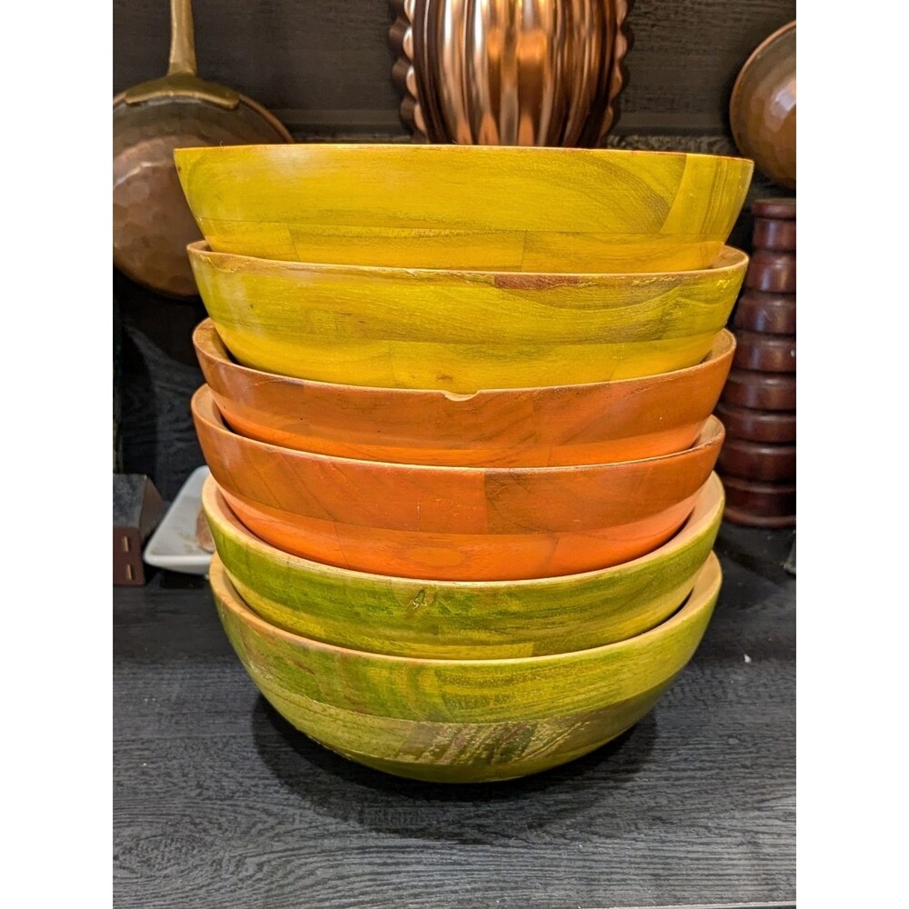 Tuttocasa Colorful Hand-Painted Wooden Vintage Salad Bowls Set Made In Taiwan - Picture 3 of 9